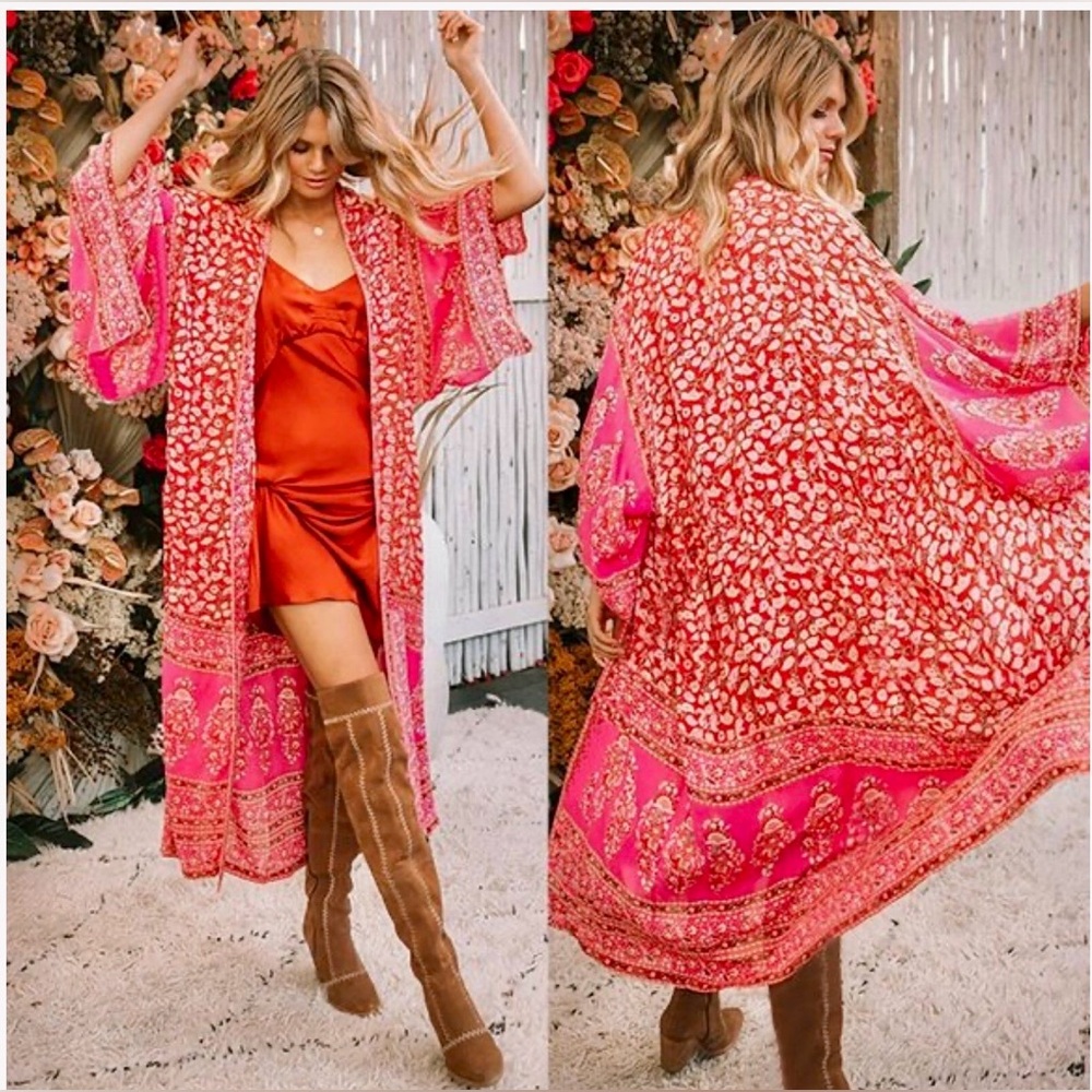 Boho PinkRed floral maxi long kimono beach coverup- L/XL